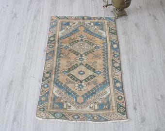 2x4 Orange Blue Door Mat, Handmade, Vintage Turkish Rug, Wool