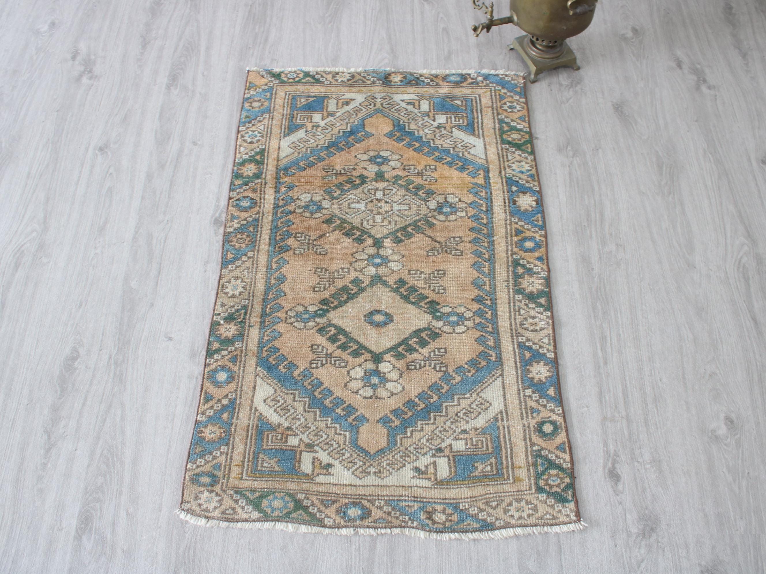 2x4 Orange Blue Door Mat, Handmade, Vintage Turkish Rug, Wool