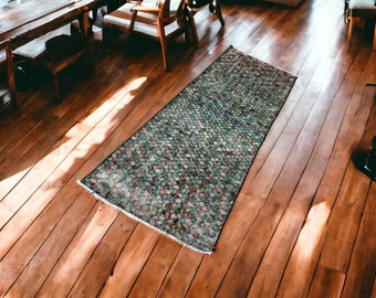 Tapis de passage en laine vintage à pois, tapis de couloir rustique turc (2,3 x 6,6 pi)