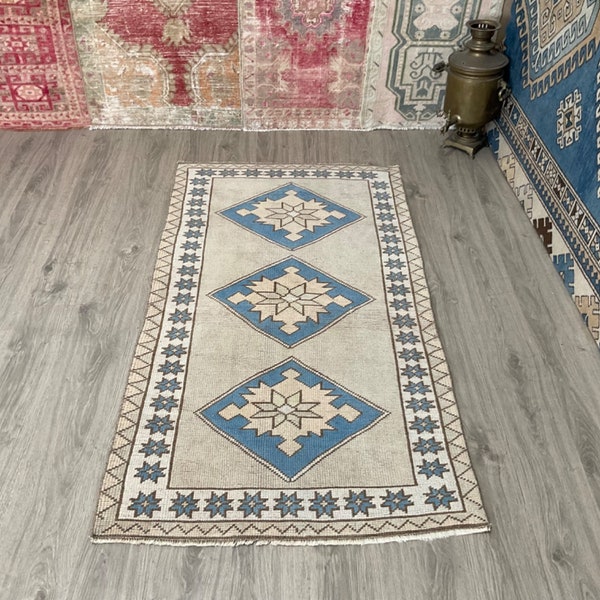 3x5 Blue Beige Accent Rug, Handmade Rug, Bohemian Decor Rug, Anatolian Rug, Wool Rug, 3x5 Nomadic Rug, Turkish Accent Rug,Neutral Oushak Rug