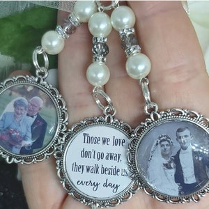 Bridal Those we love don&#39;t go away. Photo wedding bouquet triple charm memory memorial Personalised bride gift wedding party flower charm.