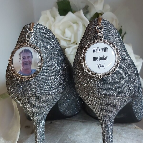 Bride shoe clips, bridal shoe charms decals, Walk with me dad mum photo bouquet charm. wedding. Loving memory remembrance Bride keepsake