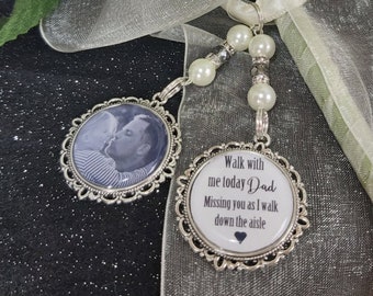 Wedding bouquet photo charm, Walk with me dad daddy missing you aisle. wedding bouquet bride Loving memory remembrance Memorial mum relation