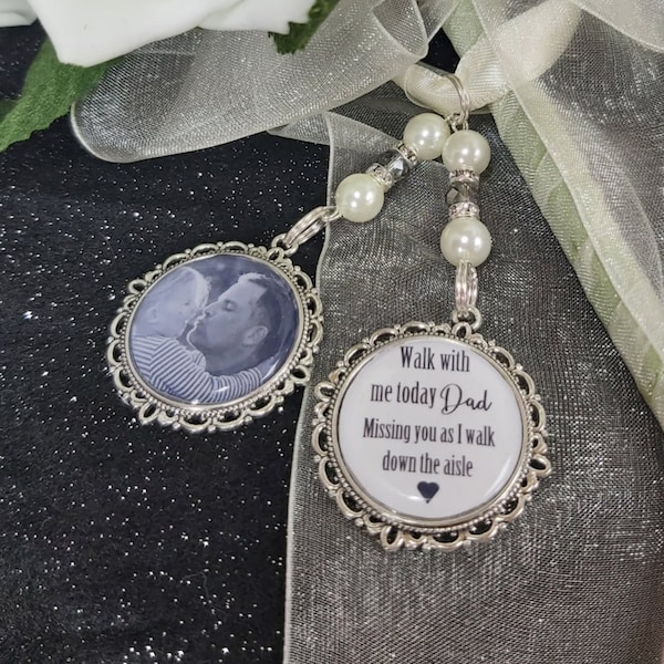 Wedding bouquet photo charm, Walk with me dad daddy missing you aisle. wedding bouquet bride Loving memory remembrance Memorial mum relation