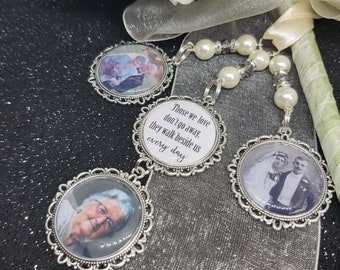 Photo wedding bouquet triple charm 'Those we love don't go away walk beside us every day ' memory memorial brooch Personalised bride wedding