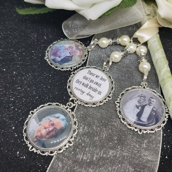 Photo wedding bouquet triple charm 'Those we love don't go away walk beside us every day ' memory memorial brooch Personalised bride wedding