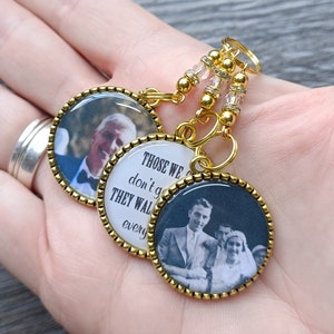 Bridal Those we love don't go away Gold Silver Photo wedding bouquet triple charm memory Personalised bride gift wedding party flower charm. imagem 4