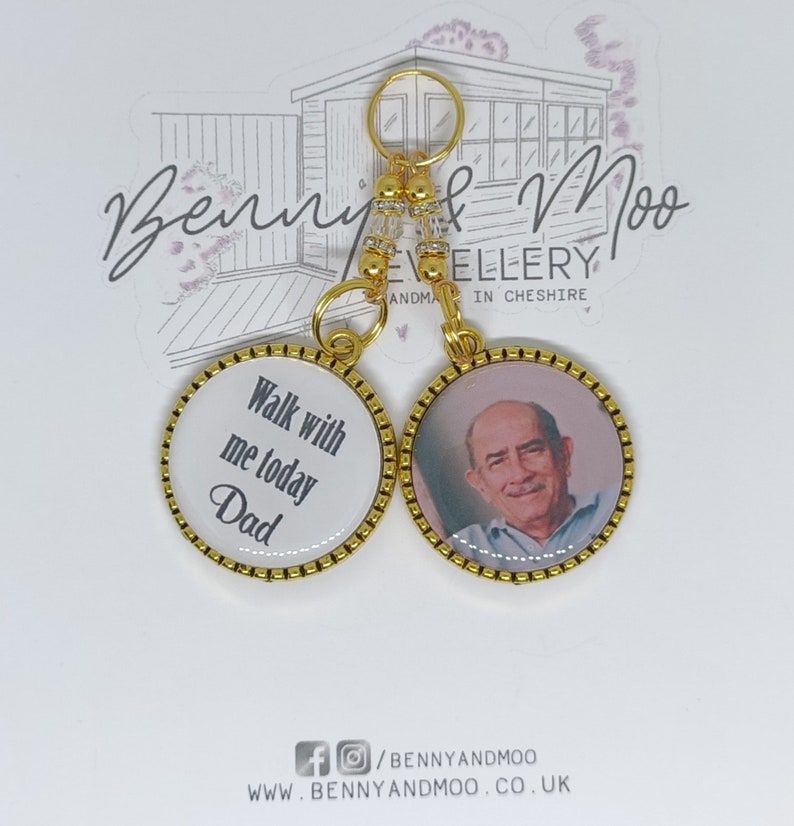 Walk with me dad daddy photo bouquet charm. wedding bouquet bride. Loving memory remembrance Memorial Father, Grandad, Uncle. Bride keepsake 画像 4