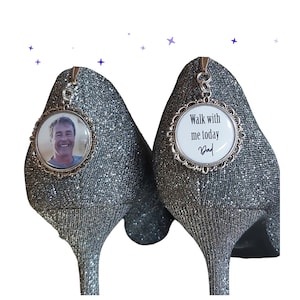 Clips para zapatos de novia, calcomanías para zapatos de novia, dije para ramo con foto "Camina conmigo, papá y mamá". Boda. Recuerdos de novia.