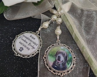 Photo wedding bouquet charm pet missed 'We know you would be here if rainbow bridge far away' Loving memory memorial brooch bride wedding