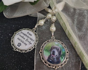 Photo wedding bouquet charm pet missed 'We know you would be here if rainbow bridge far away' Loving memory memorial brooch bride wedding