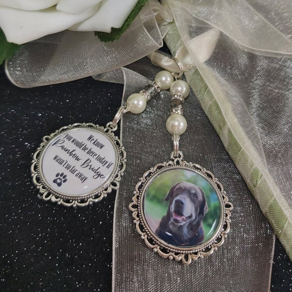 Photo wedding bouquet charm pet missed 'We know you would be here if rainbow bridge far away' Loving memory memorial brooch bride wedding