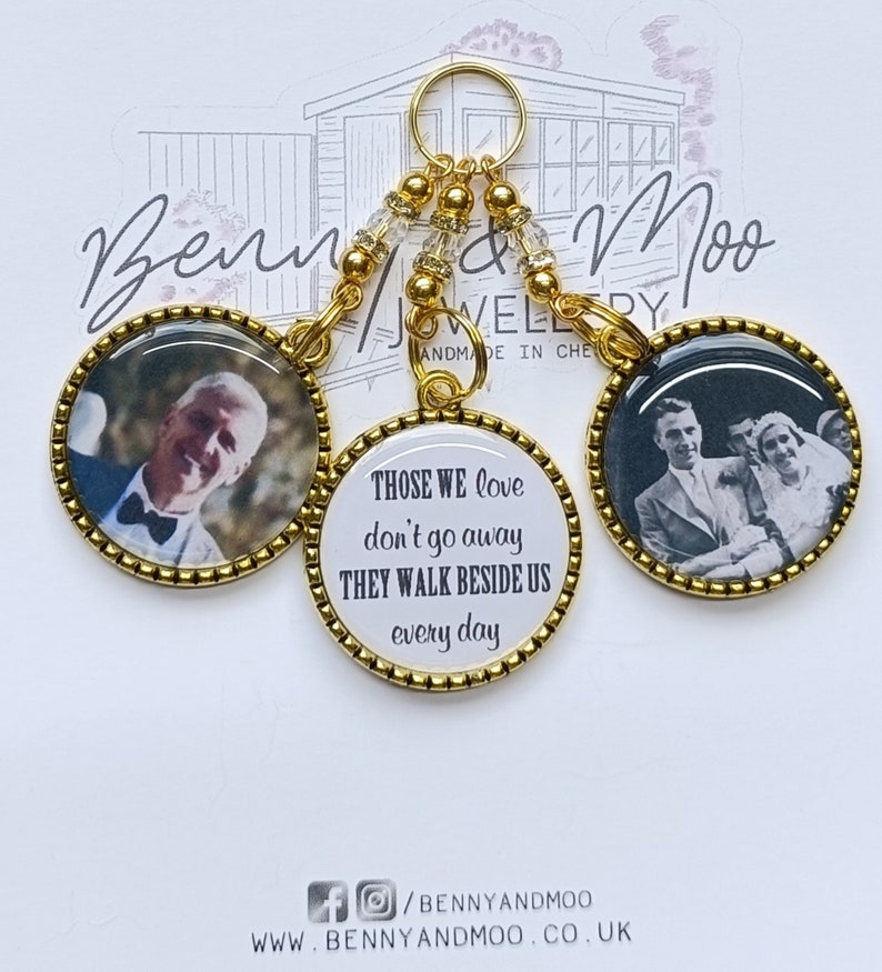 Bridal Those we love don't go away Gold Silver Photo wedding bouquet triple charm memory Personalised bride gift wedding party flower charm. imagem 3