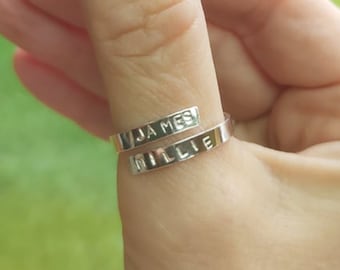 Custom name thumb Wrap Ring, Mum gift, Children&#39;s name ring, sterling silver, gold, rose gold, adjustable, personalised, resizeable