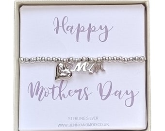 Mum, Mom Mothers Day silver beaded heart initial letters heart bracelet. Birthday, Christmas, Wedding Bridesmaids gift adjustable quote box