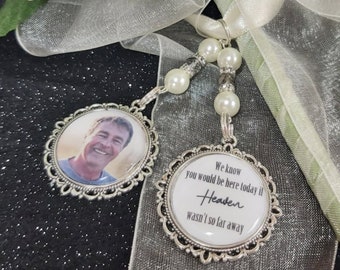 Wedding bouquet photo charm double 'We know you would be here if heaven far away' Loving memory memorial locket Personalised bride wedding