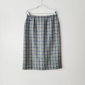 Vintage Pastel Plaid Wool Blend Pencil Skirt. Gray and Blue Green Striped Houndstooth Preppy Skirt. Mod Knee Length Business Casual Skirt