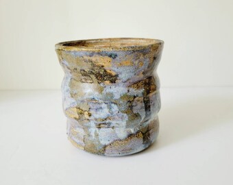 Vintage Studio Pottery Ribbed Pen Holder. Textured Drip Glaze Handmade Pottery Cylinder. Earth Toned Abstract Pastel Makeup Organizer
