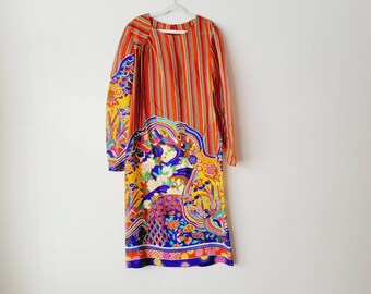 Vibrant Handmade Silky Groovy 70s Shift Dress. Funky Asymmetric Patterned Party Dress. Maximalist Colorful Psychedelic Cocktail Dress