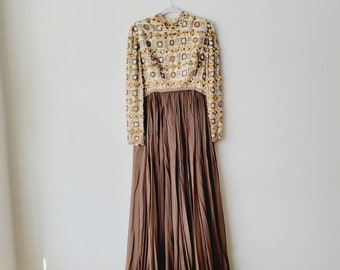 Yves Saint Laurent Beaded Gown, YSL Red Carpet Dress, Sleeveless, Red Silk  Satin, French Couture, Body Con, Brown Silk, Shoulder Straps