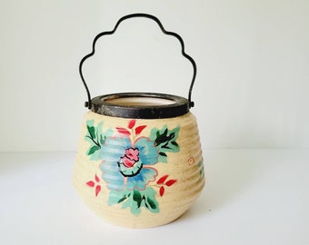 Antique English Biscuit Barrel with Wavy Handle. Colorful Floral Painted Ribbed Ceramic Cookie Jar. Vintage Bramley Pottery Textured Planter