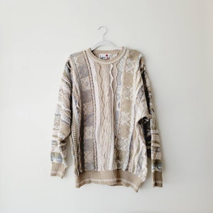 80s/90s Postmodern Coogi Style Pastel Sweater. Textured Knit Grandpa Sweater. Vintage Vertical Striped Streetwear. Geometric Knit Sweater