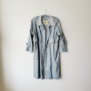 Iridescent Grayish Blue Longline Trench Coat. Lightweight Pastel Trench Overcoat with Drawstring Waist. Bold Vintage Oversized Streetwear