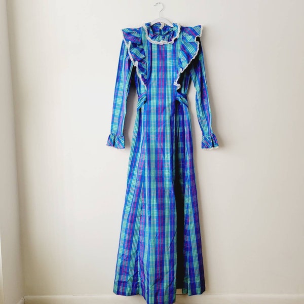 Bright Plaid Vintage Edwardian Revival Maxi Dress. Long 70s Prairie Dress with Frilly Bib Collar. High Neck Dramatic Collar Tall Maxi Dress
