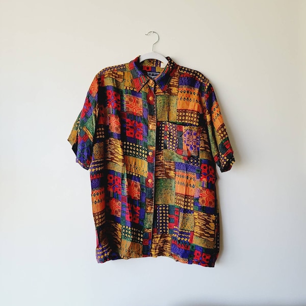 Colorful Mixed Print Short Sleeve Silk Men's Button Up. Rockabilly Batik Ikat Patterned Vintage Patchwork Shirt. Funky 90s Silk Streetwear