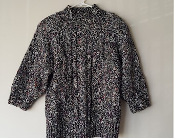 Dark Marled Knit High Neck Tunic Length Sweater. Vintage 80s Mock Turtleneck Longline Pullover with Shoulder Pads