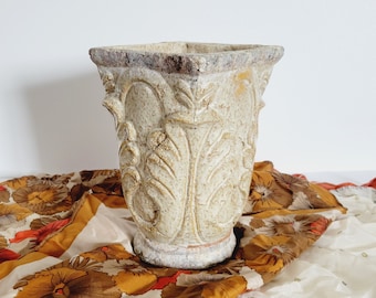Large Cream French Provincial Concrete Planter. Regency Ornate Filigree Design Decor. Crackle Glaze Textured Planter. Tapered Planter Gift