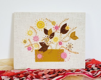 Felt Embroidery Floral Fiber Art. Handmade Vintage Needlecraft Wall Hanging. Earthy Boho Flower Bouquet Art. Textured Fiber Art Still Life