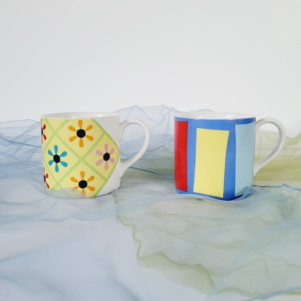2 Swid Powell Gene Meyer Mugs. Porcelain Designer Coffee Cups. Floral and Striped Mug Set. Colorful Postmodern Ceramic Luxury Tableware