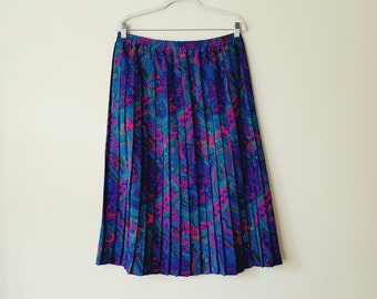 Vintage 80s Pleated Skirt, Colorful Paisley Print Midi Skirt