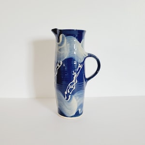 Navy Blue and White Handmade Pottery Pitcher. Wavy Design Jug Carafe. Cottagecore Painted Pottery Vase. Tall Thin Studio Pottery Pitcher