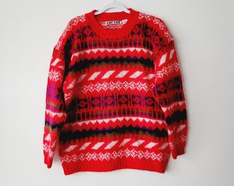 Vintage Mohair Blend Christmas Sweater. Soft Knit Retro Holiday Sweater. Bright Red Fair Isle Crewneck Sweater. Patterned Mohair Pullover