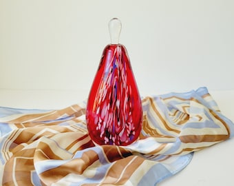 Vintage Art Glass Perfume Bottle with Teardrop Stopper. Speckled Murano Style Perfume Bottle. Collectible Swirled Glass Red Vanity Decor