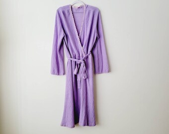 Vintage Plus-Sized Lavender Faux Wrap Sweater Dress. Pastel Purple Knit Maxi Dress. Extended Size Tie Waist Lilac Robe Dress