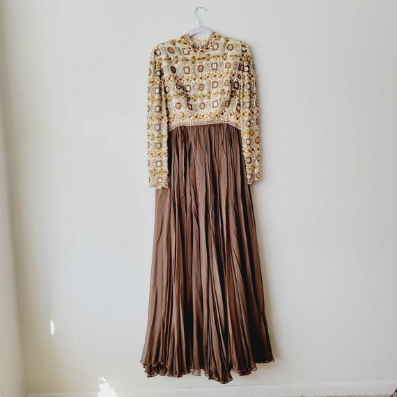 Vintage 70s Beaded Maxi Dress, Long Sleeve Formal Gown, Brown Chiffon