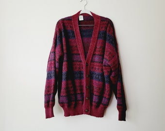 Vintage Italian Wool Blend Fair Isle Cardigan: Burgundy, Navy