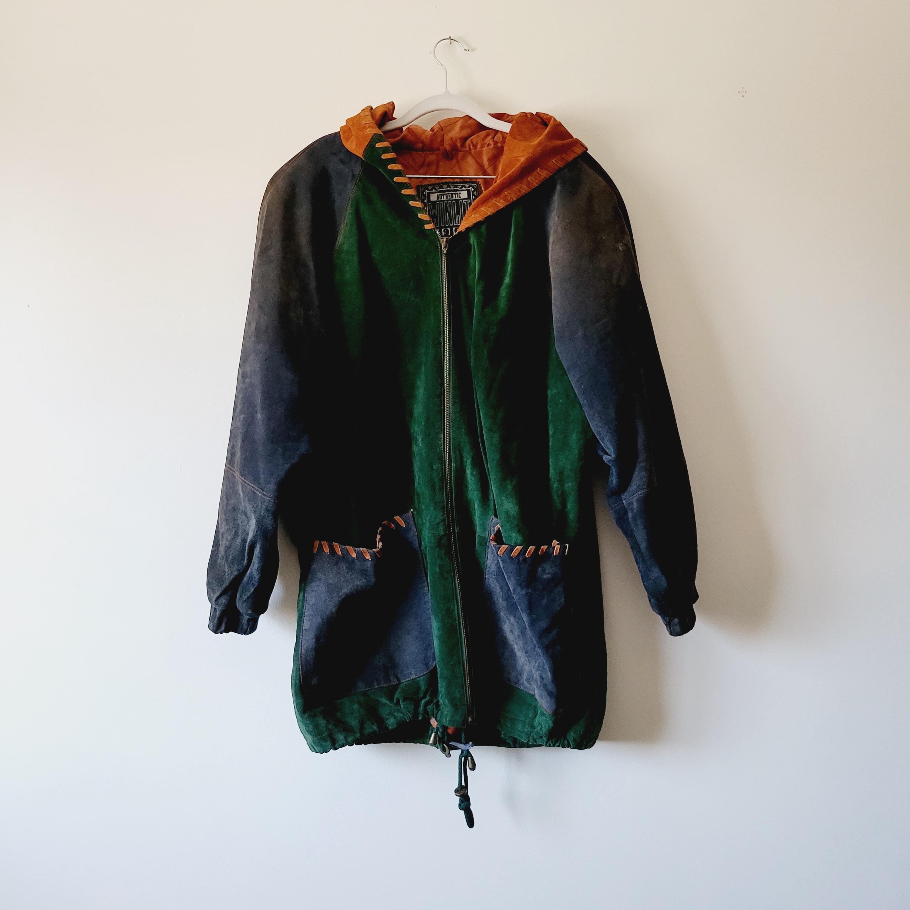 90s Colorblocked Suede Streetwear Jacket. Warm Hooded Men's