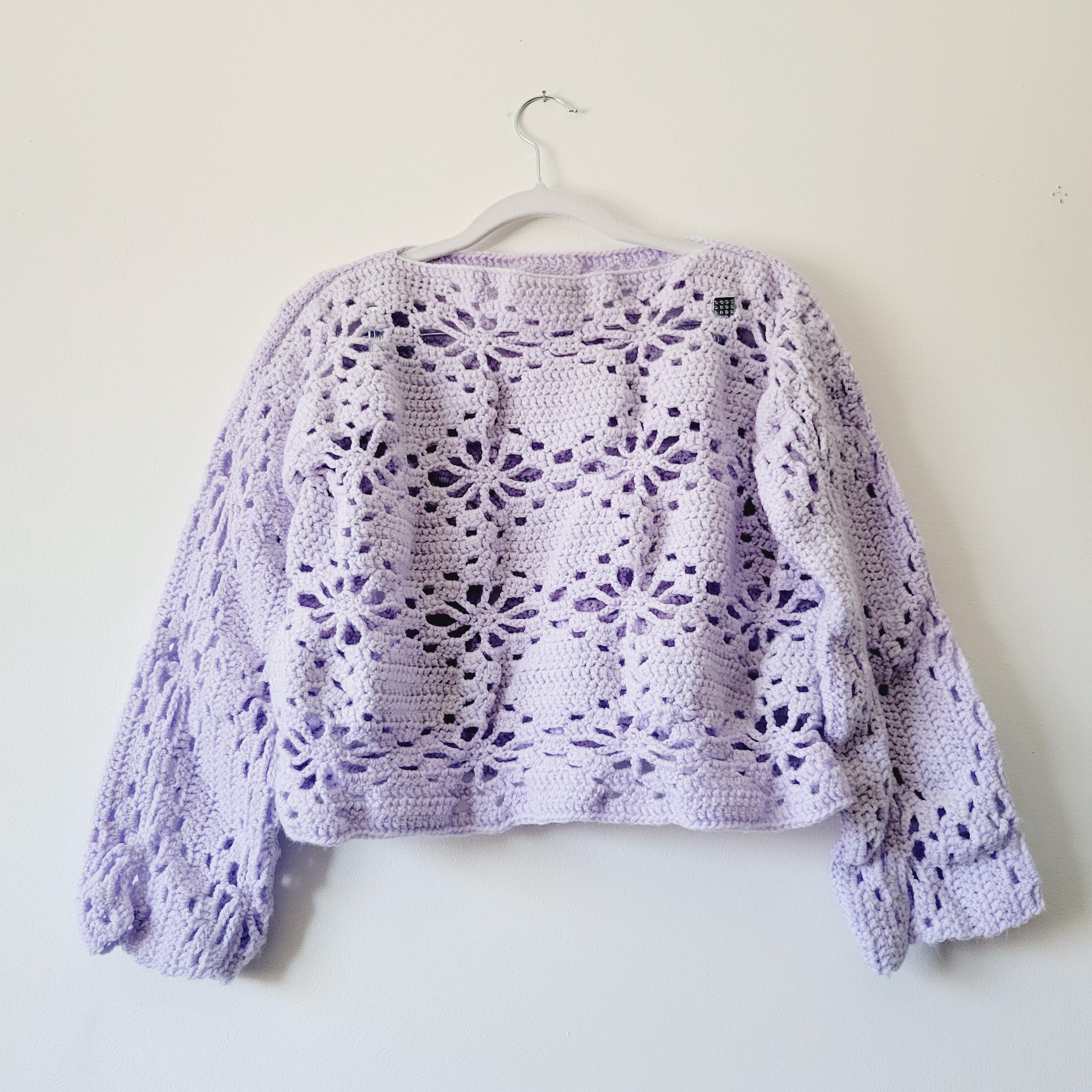 Pastel Purple Cropped Handmade Sweater With Bell Sleeves. Vintage