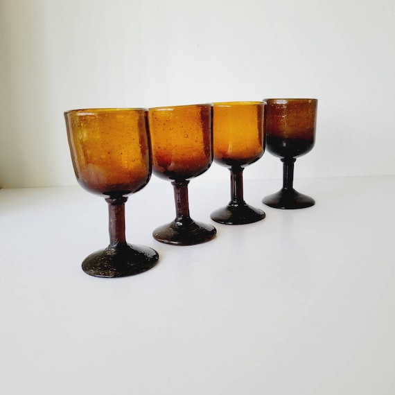 4 Handblown Glass Dark Brown Small Wine Glasses. Vintage Studio