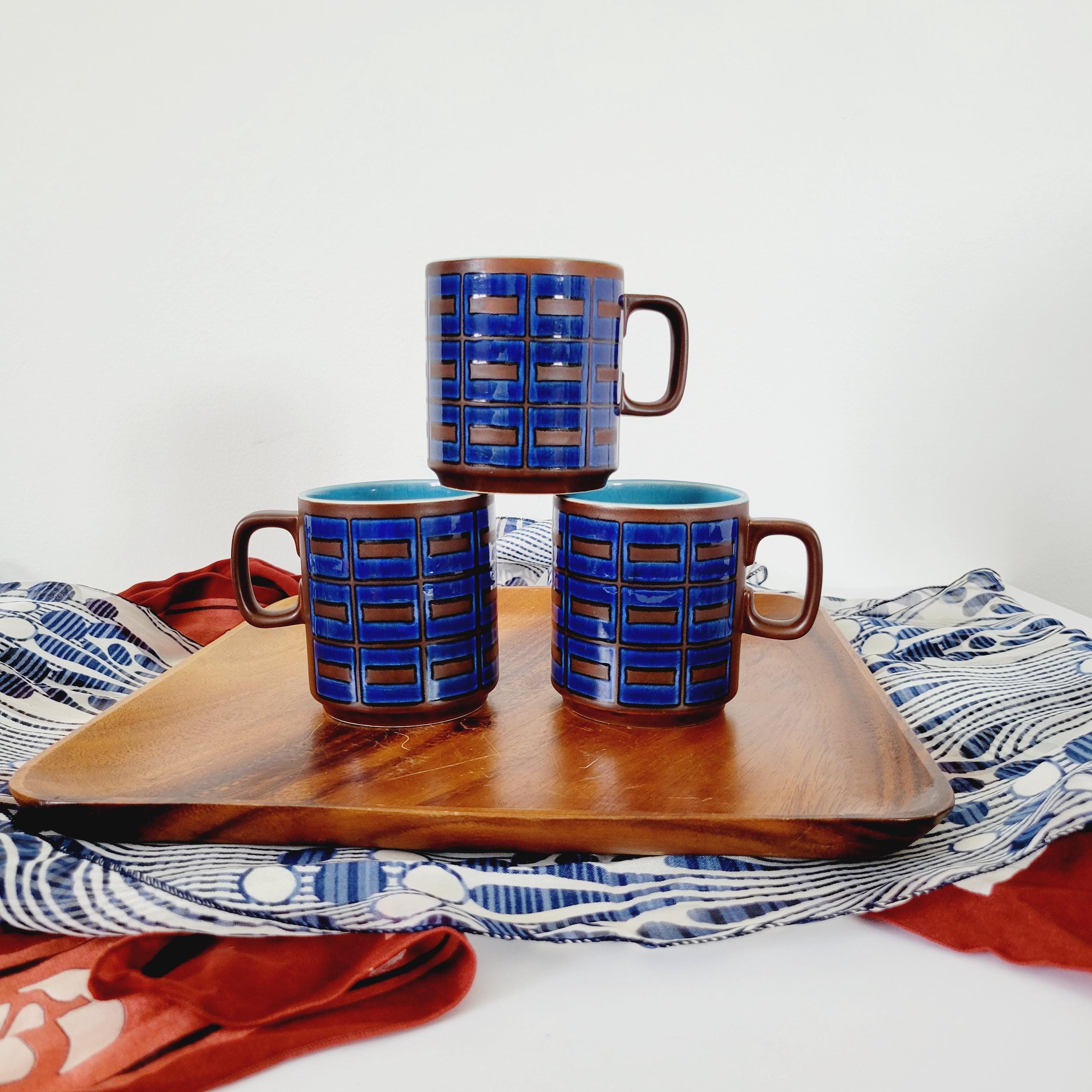 3 Rare Hornsea Pottery Cobalt Blue and Brown Geometric Mugs