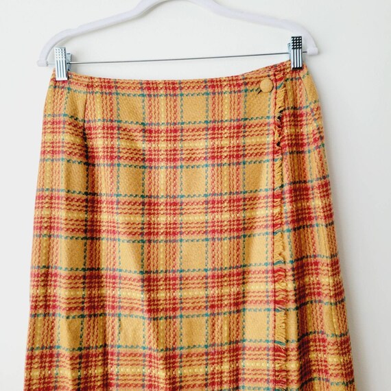 Vintage Wool Plaid Wrap Midi Skirt with Fringe – 1980s/1990s Danielle Martin View 6
