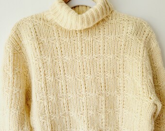 Vintage Cream Fisherman's Sweater. Mod 60s Turtleneck. Grid