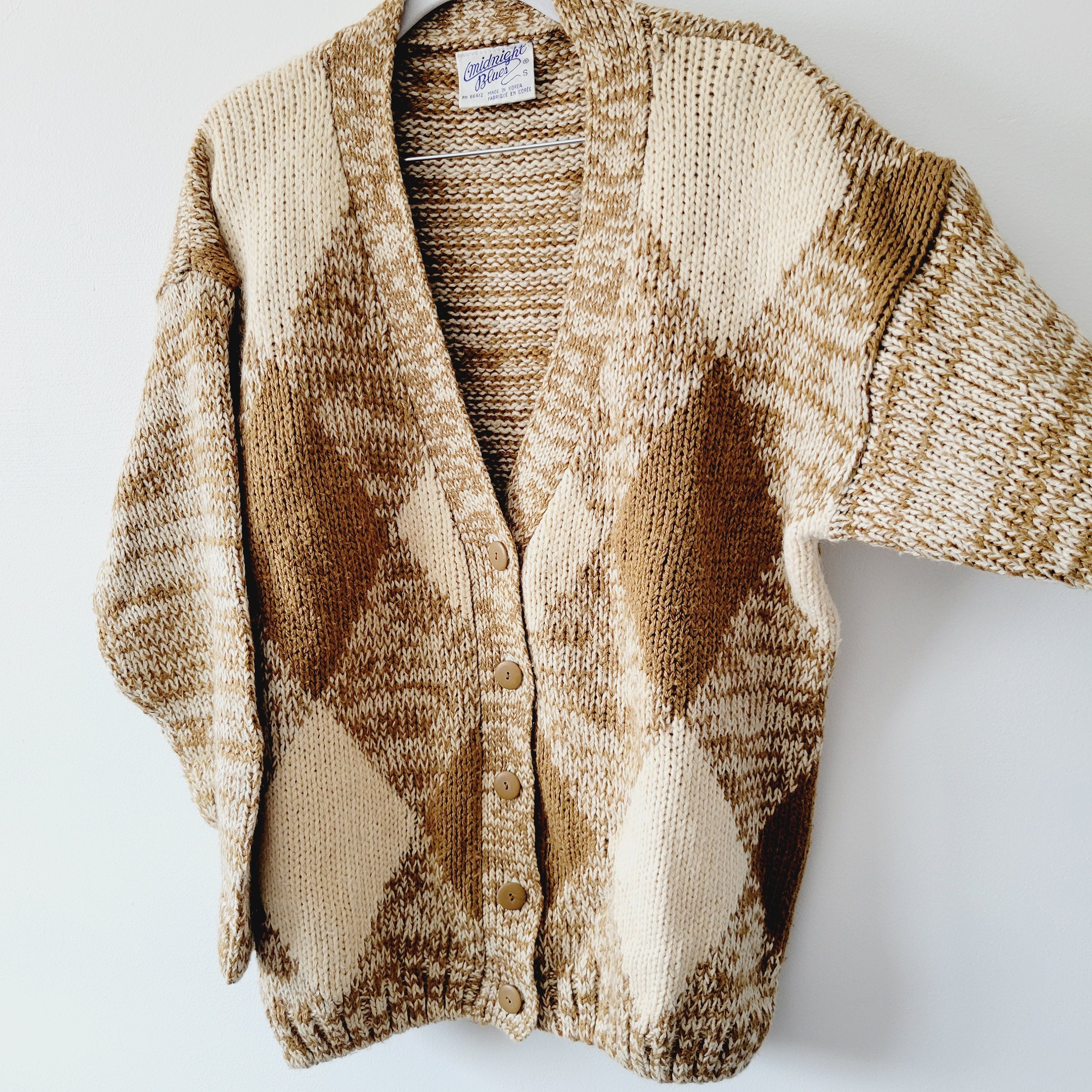 Vintage 90s Knit Cardigan Sweater - Diamond Pattern Oversized 