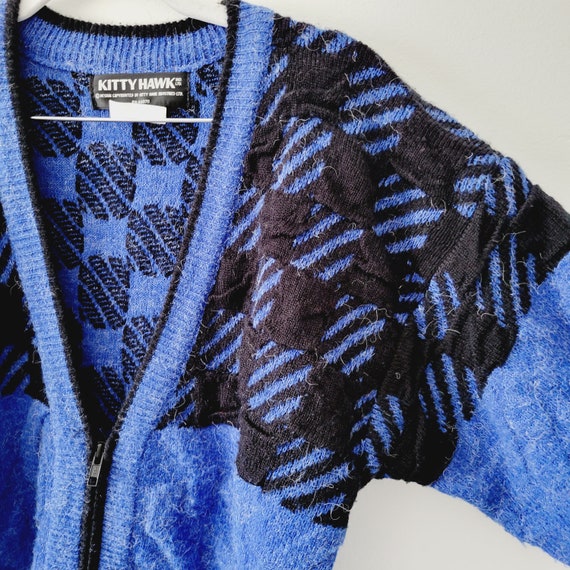 80s Soft Cobalt Blue Checkered Cardigan. Black an… - image 4