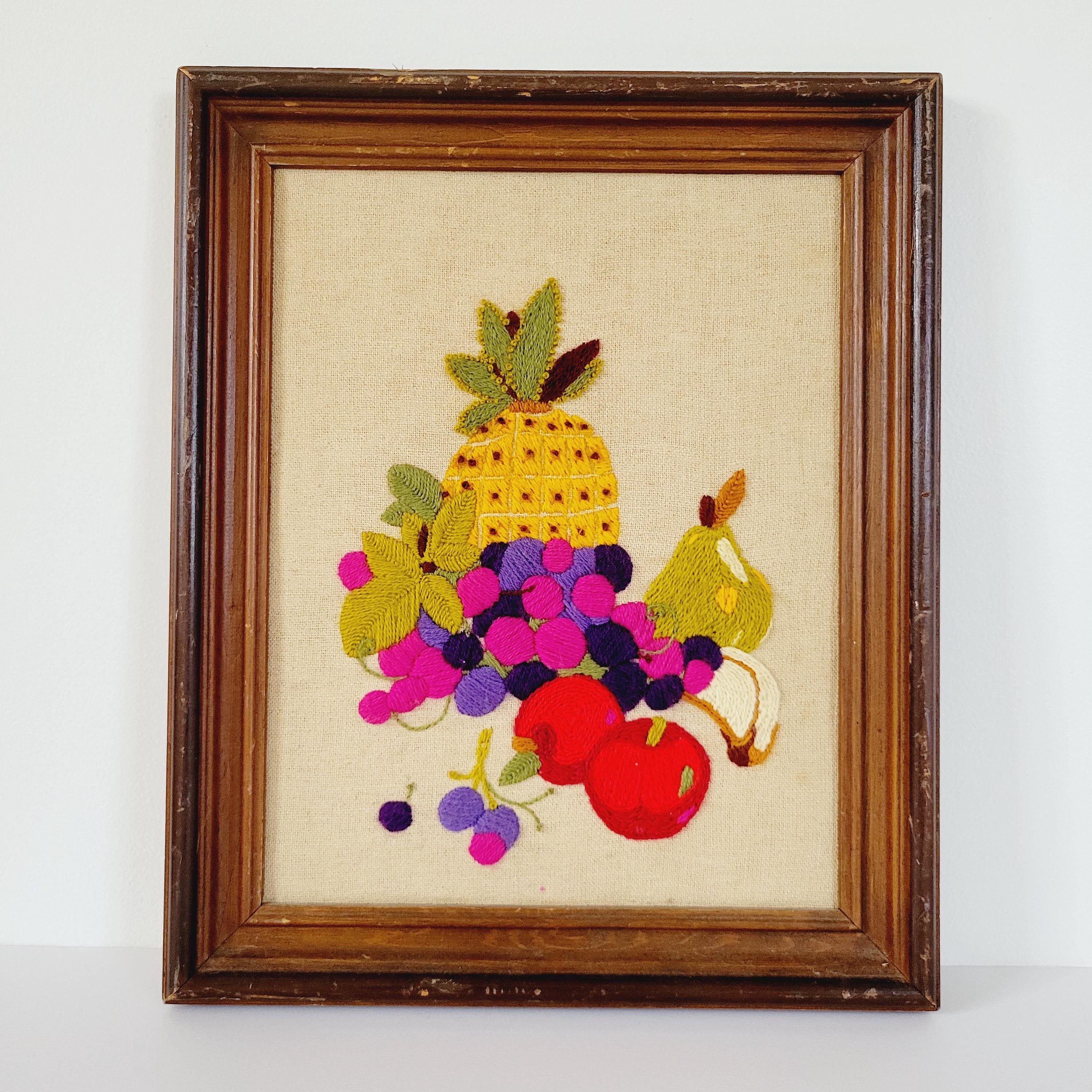 Earthy 70s Floral Cattail Crewel Embroidery. Vintage Fiber Art