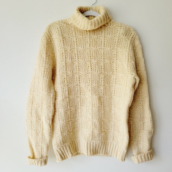 Vintage Cream Fisherman's Sweater. Mod 60s Turtleneck. Grid